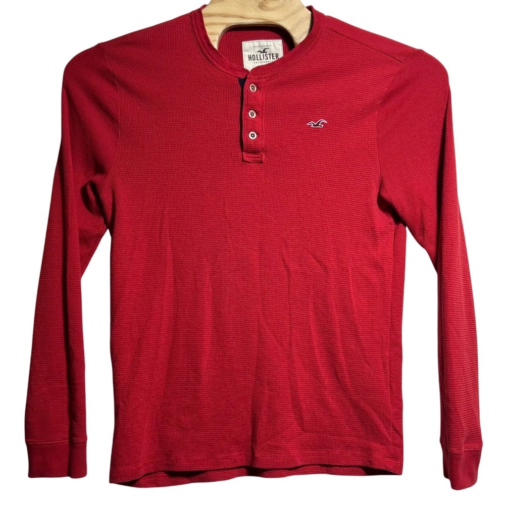 Hollister Mens Red Waffle Knit‎ Long Sleeve Henley Shirt Medium Logo Thermal